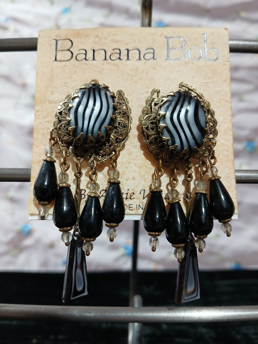 Vintage Banana Bob Clip Earrings Black/white setting on gold w/dangling beads